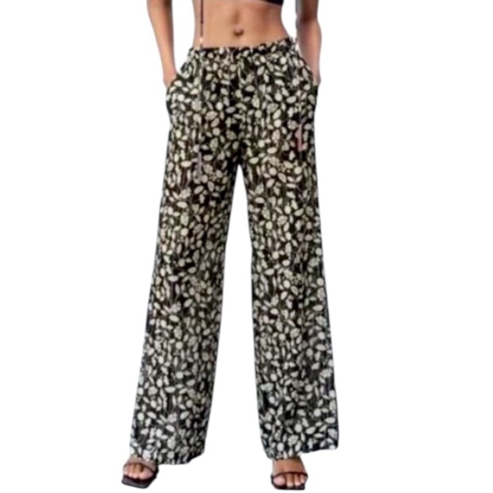 Zara Black Yellow Metallic Silver Floral Striped Full Length Wide Leg Pants - S